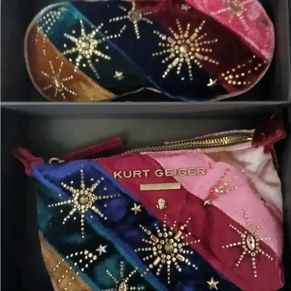 NEW NWT Kurt Geiger London Sleep Mask & Pouch Boxed Gift Set Velvet Multicolor